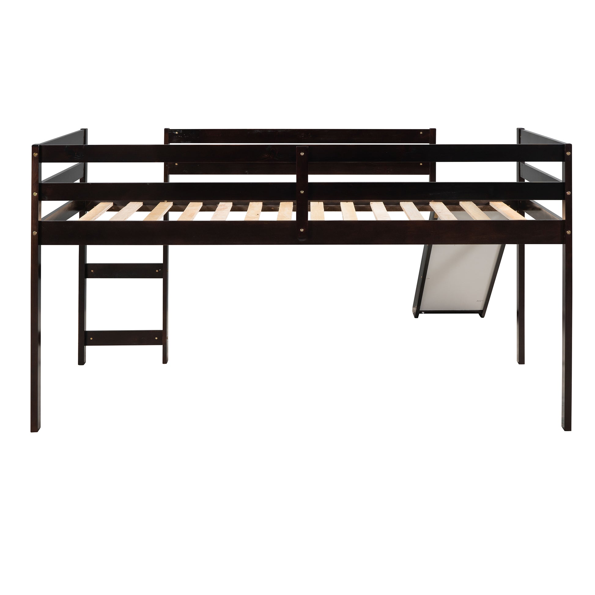 Dark brown wooden loft bed with ladder and slide for kids