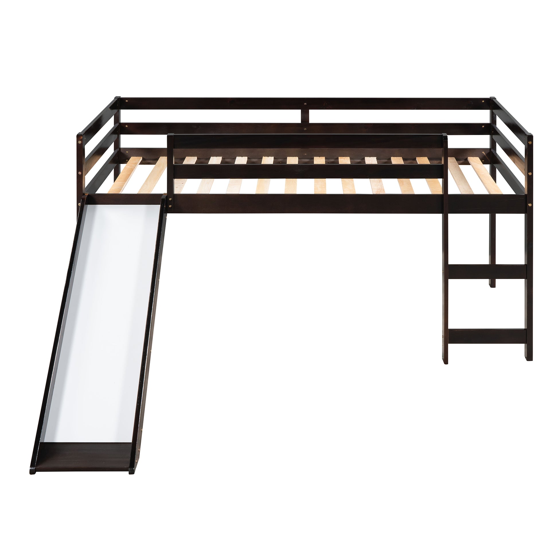 Dark brown wooden loft bed with slide and ladder perfect for kids rooms