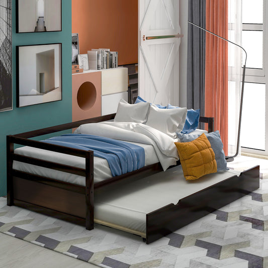 Dark wood daybed with pullout trundle white linens and blue accents