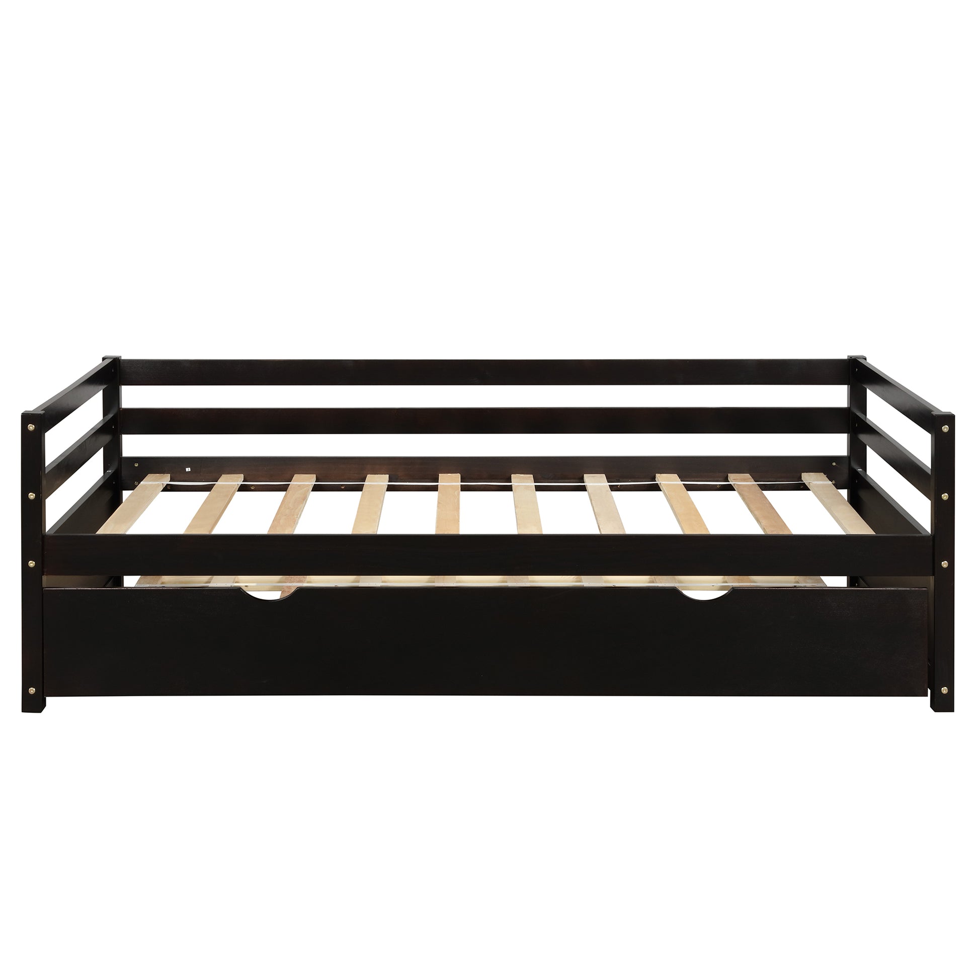 Dark brown wooden daybed with slatted support and pullout drawer