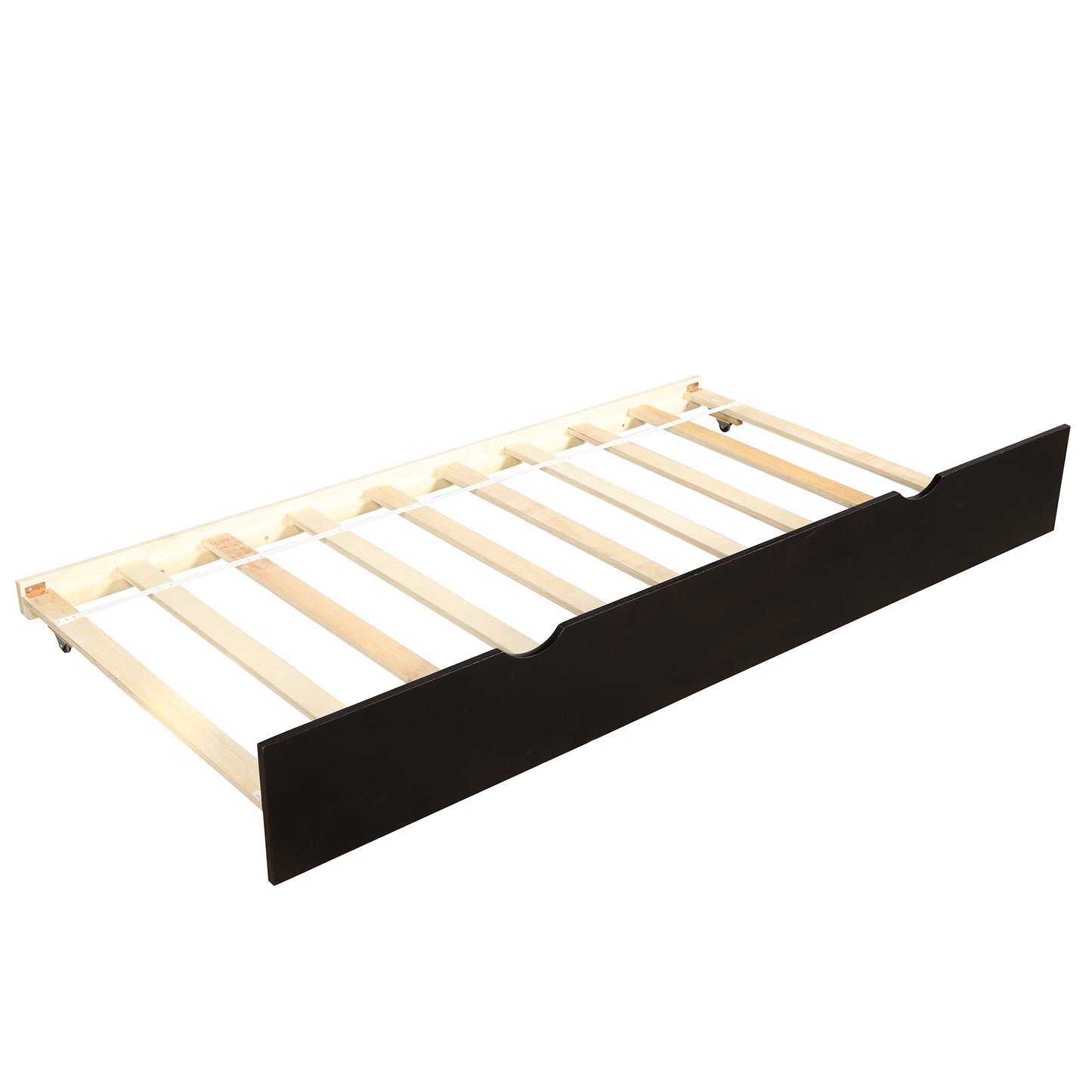 Dark brown twin size bed frame with wooden slats