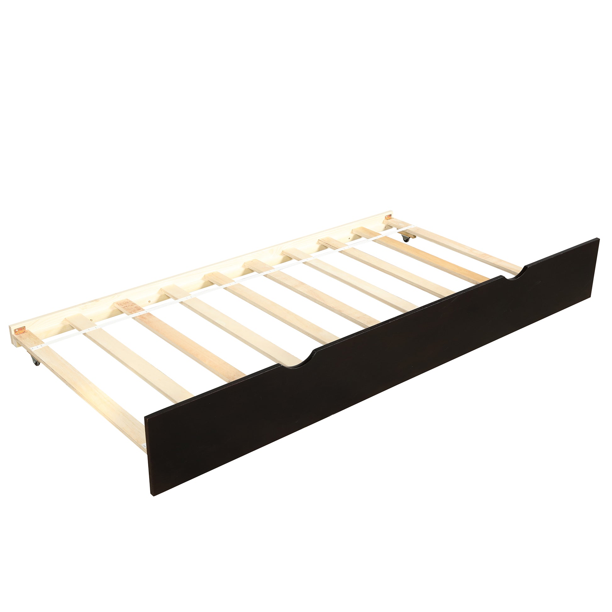 Dark brown twin size bed frame with wooden slats