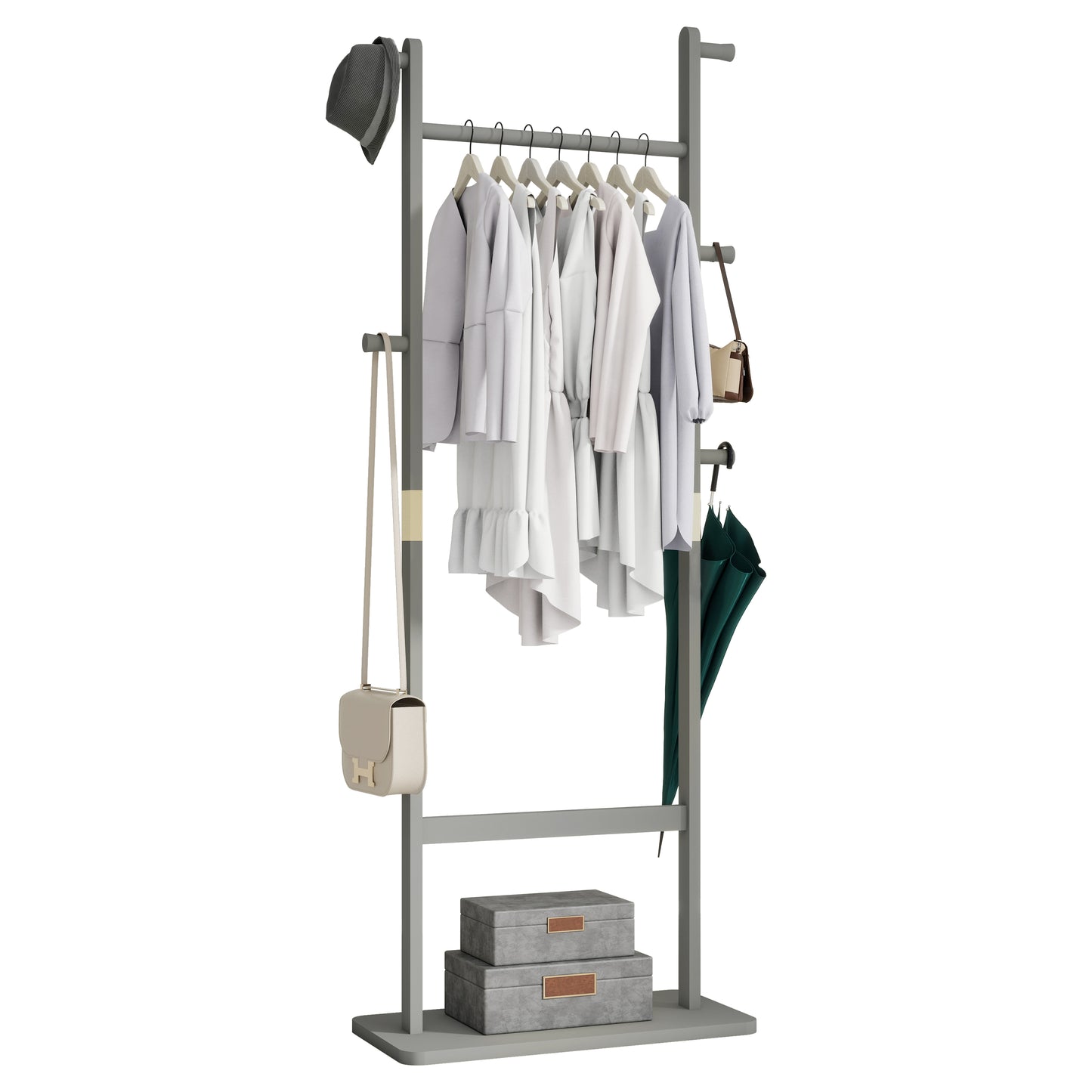 Grey modern coat rack with hanging clothes bags hat umbrella and storage boxes
