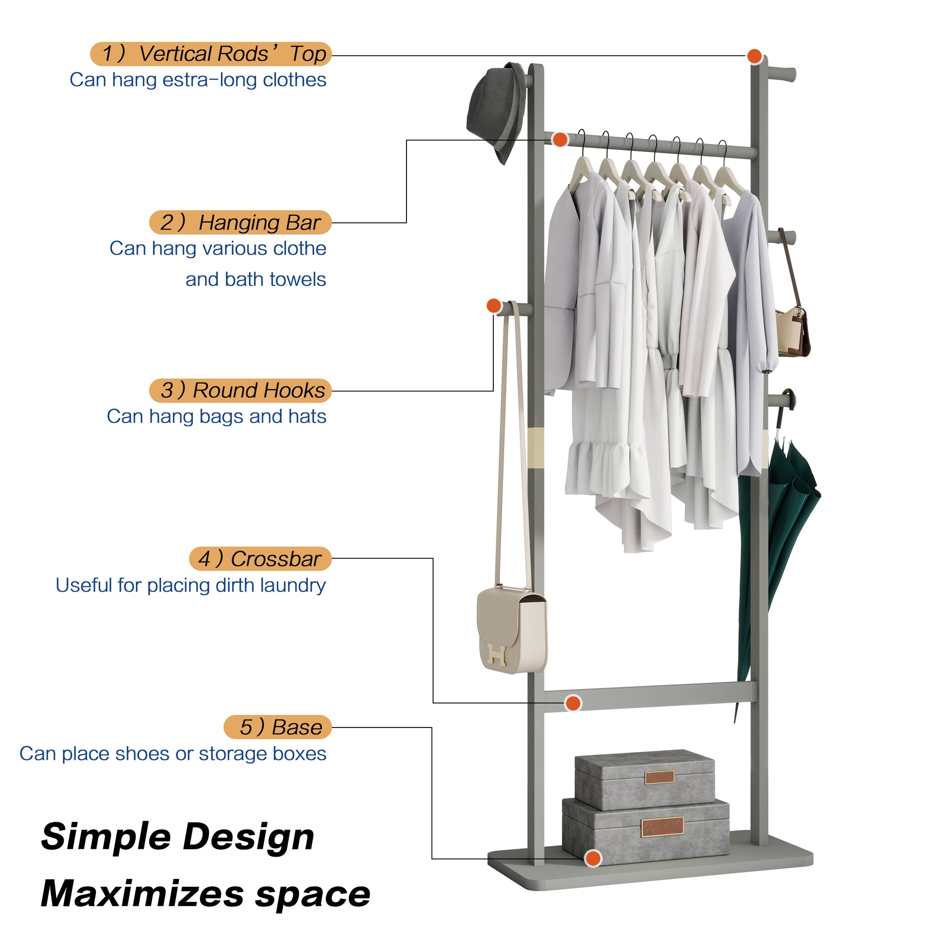 Minimalist garment rack with hanging clothes and a hat
