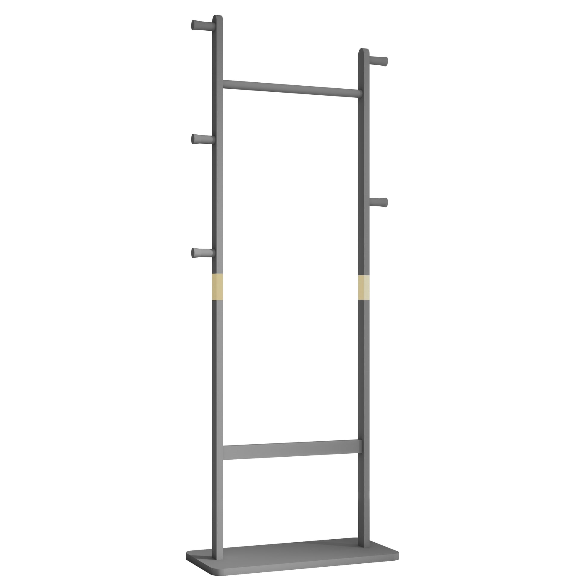Modern grey metal coat rack with multiple hooks and a sleek minimalist design