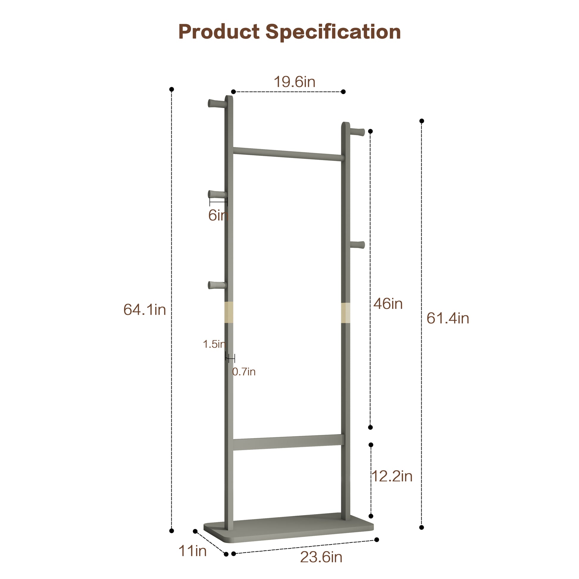 Grey metal coat rack with multiple hooks and a base shelf in tall