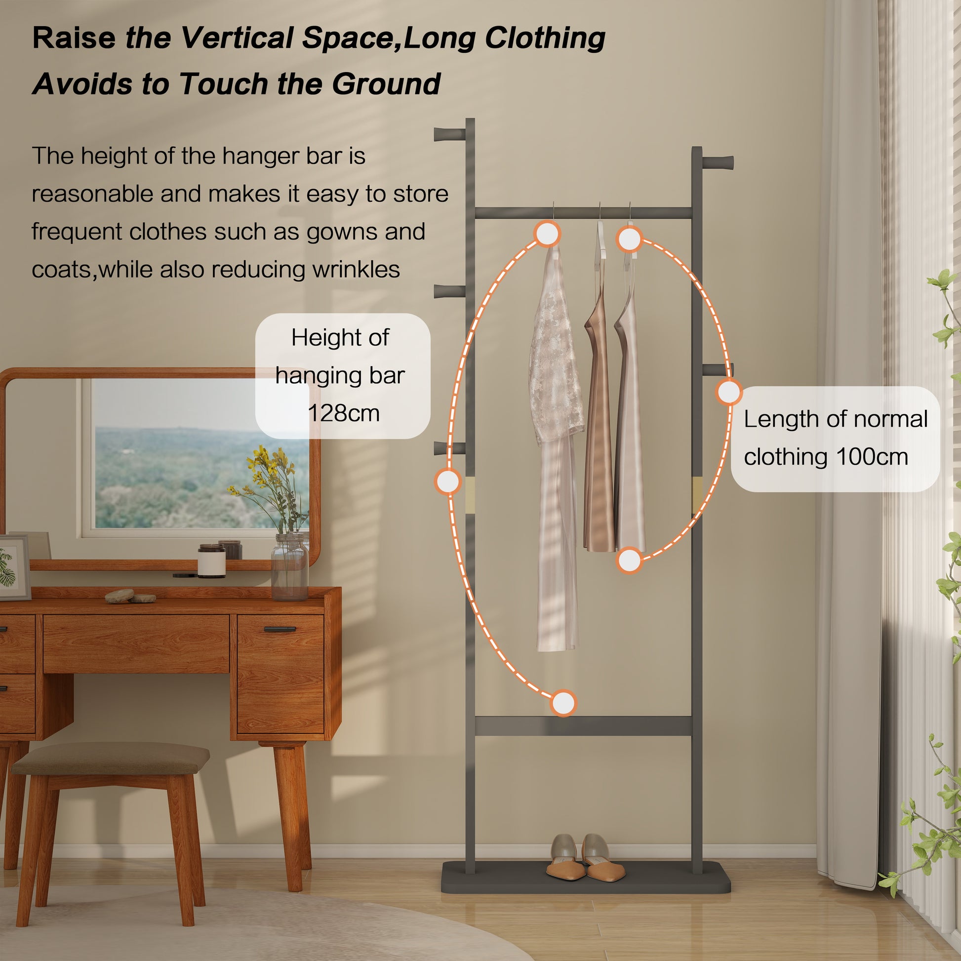 Modern dark gray metal garment rack with four hangers displaying flowy dresses