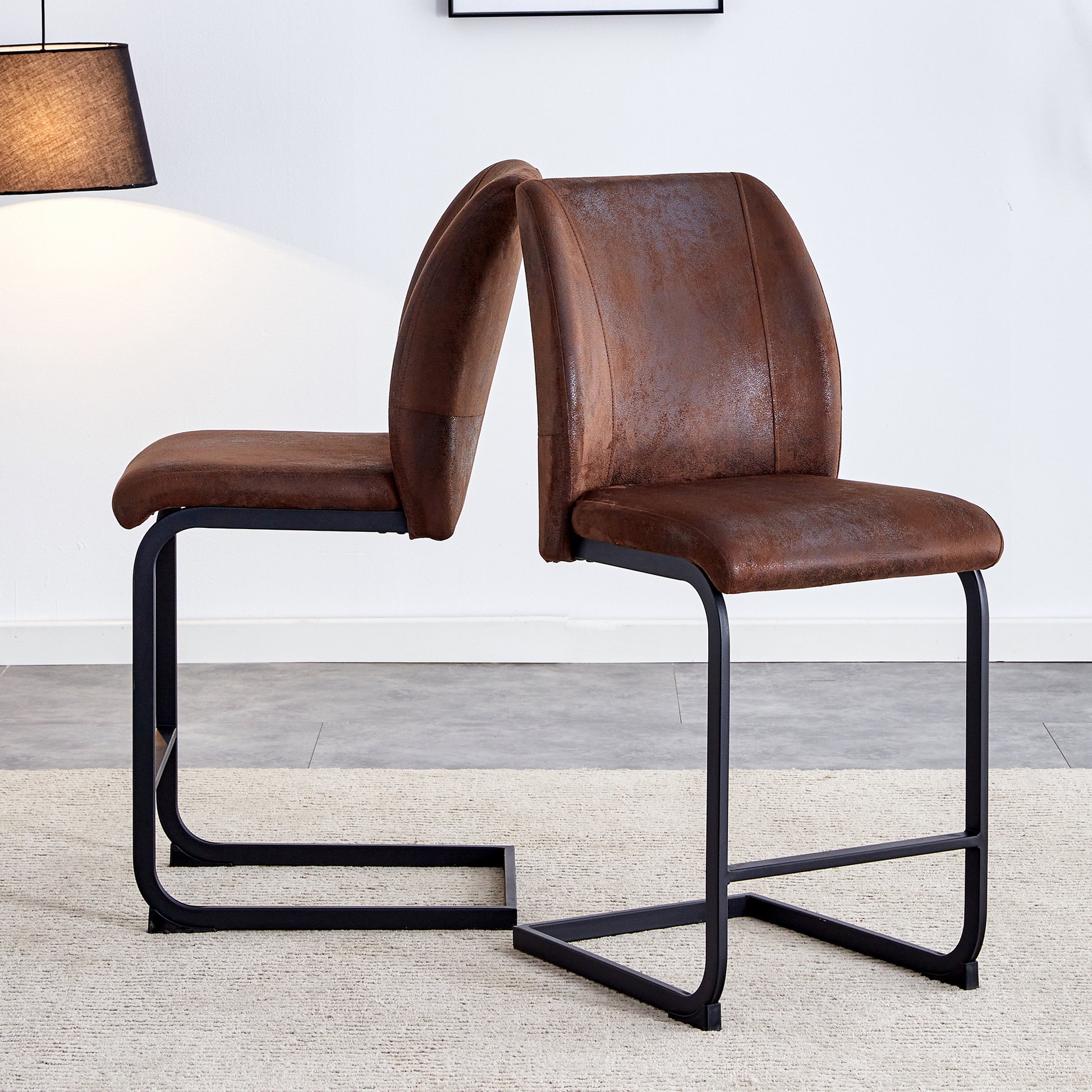 Brown distressed faux leather bar stool with black metal base