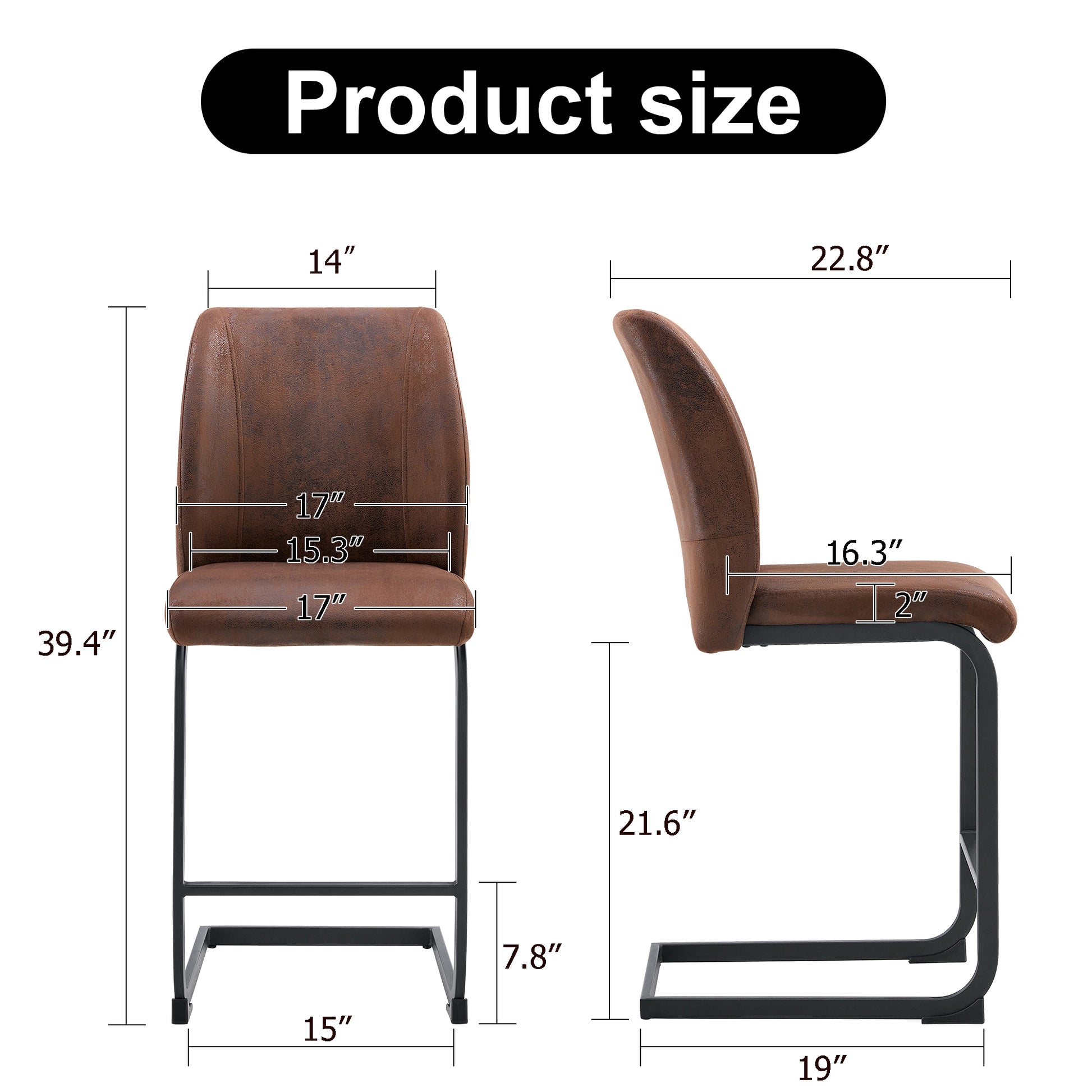 Brown faux leather counter stool front view with dimensions