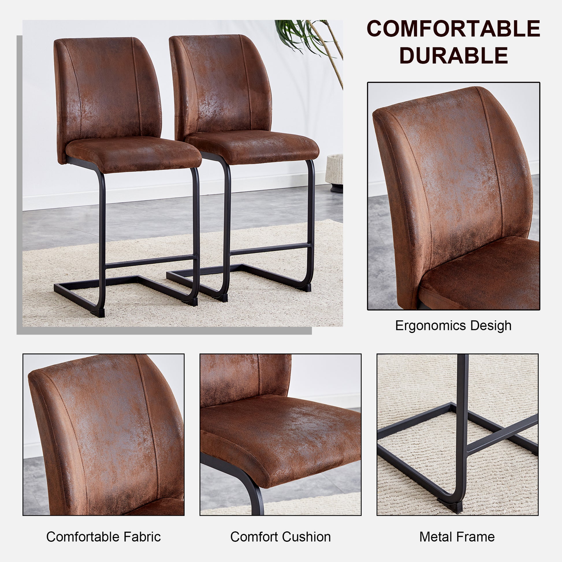 Two brown faux leather counter stools with black metal legs