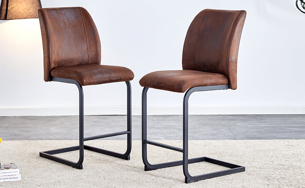 Brown faux leather bar stool with curved back and black metal frame