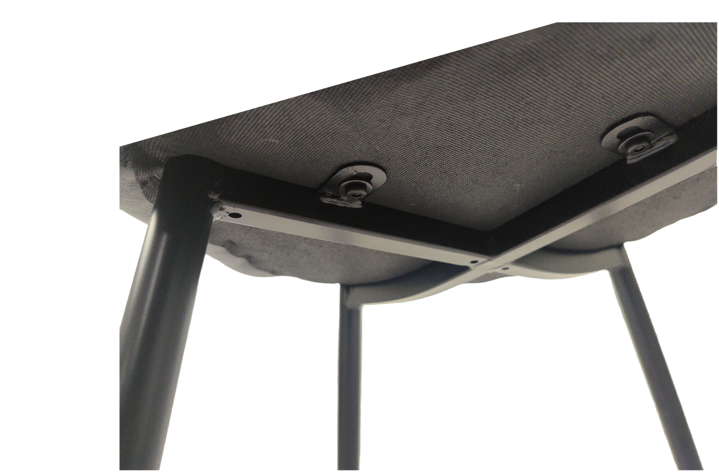 Gray metal desk legs and frame showing underside of tabletop