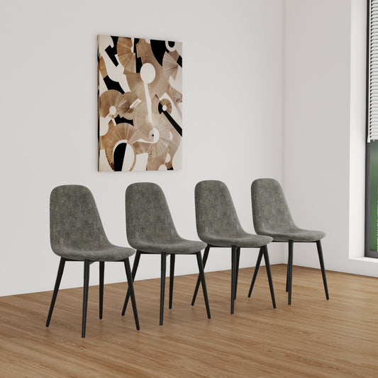 Gray textured dining chairs with black metal legs arranged in a modern dining room