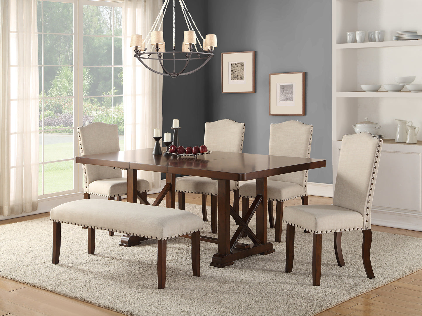 Dark wood dining table set with upholstered bench and chairs