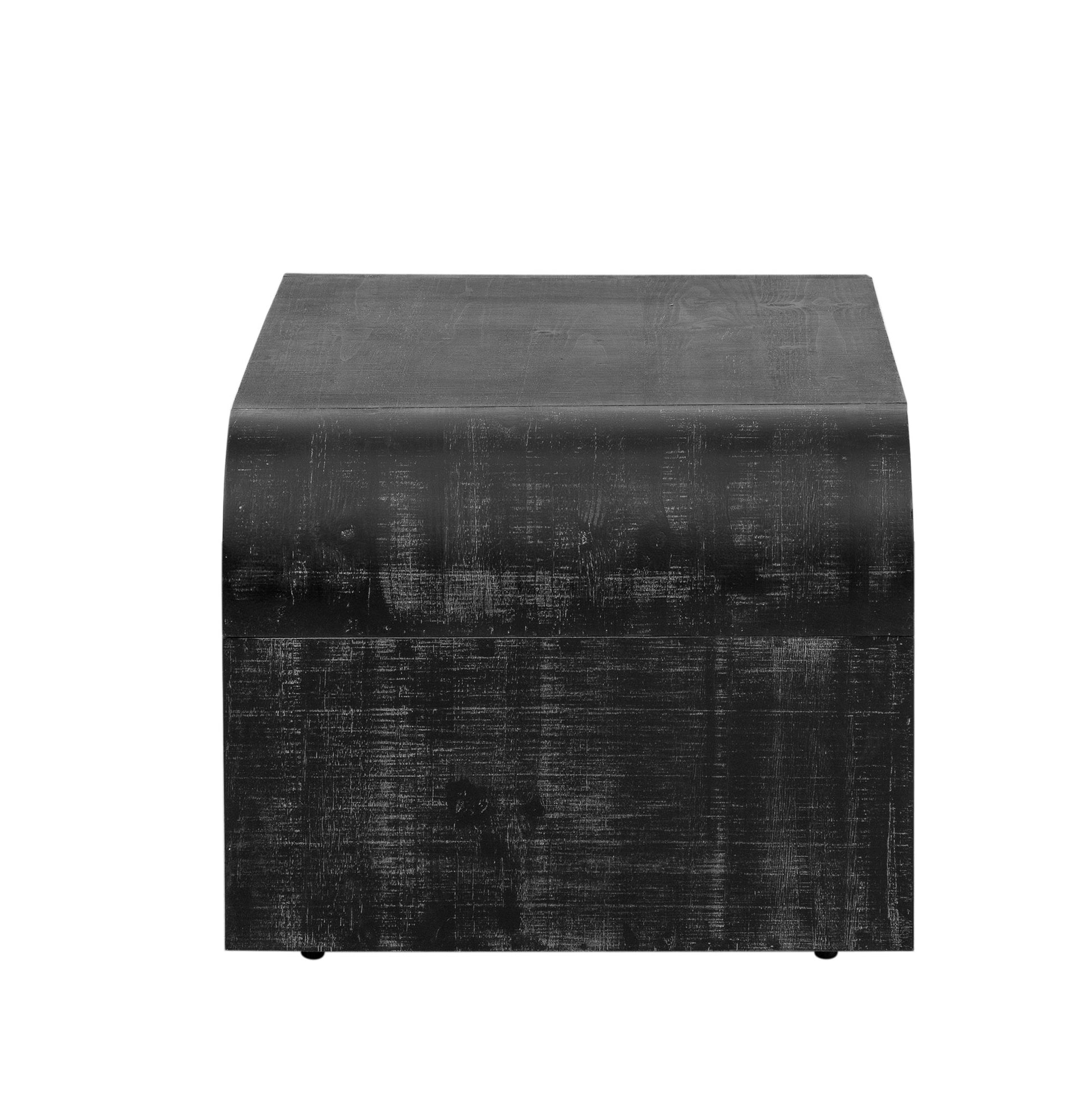 Distressed black wooden accent table with curved edges
