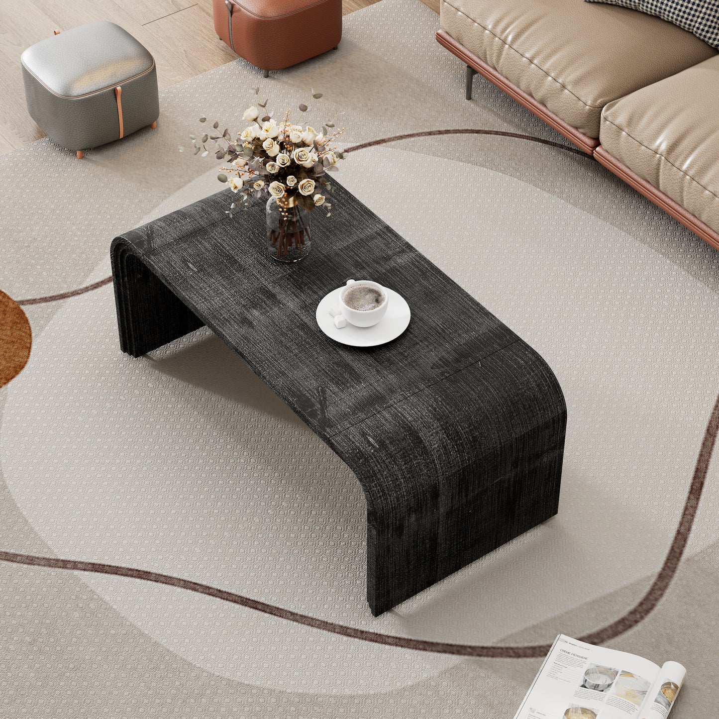 Dark grey textured waterfall coffee table with modern curved design