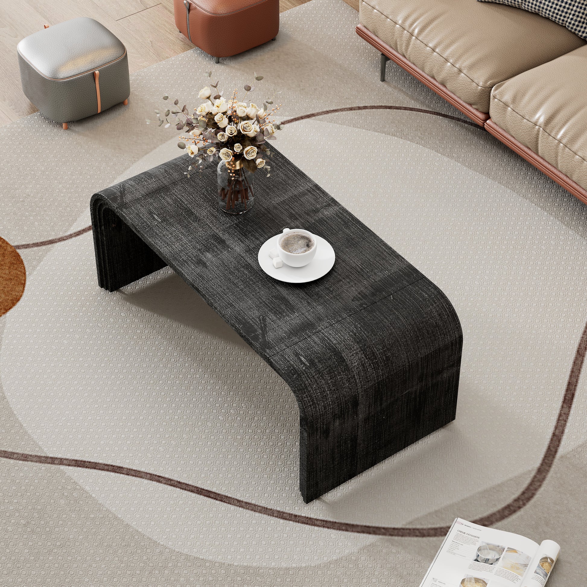 Dark grey textured waterfall coffee table with modern curved design