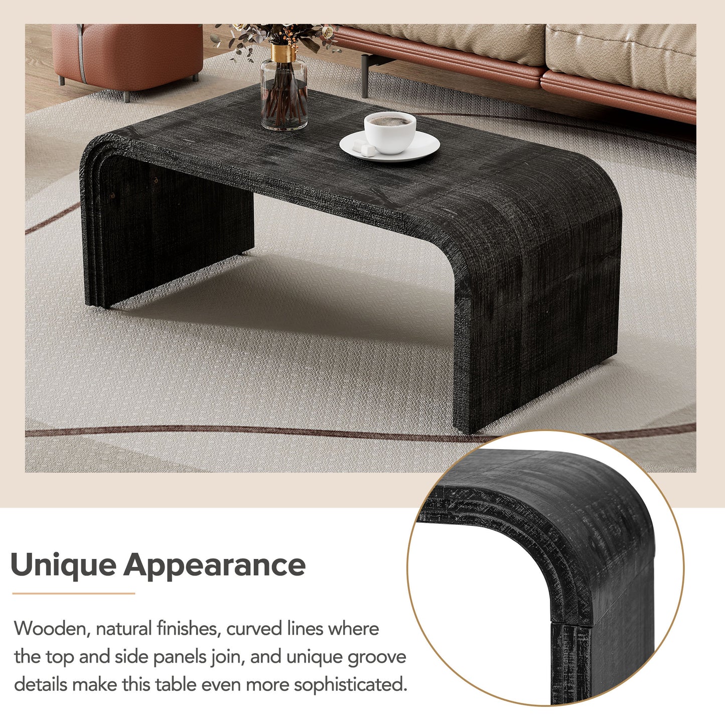 Dark wood waterfall coffee table with grooved details