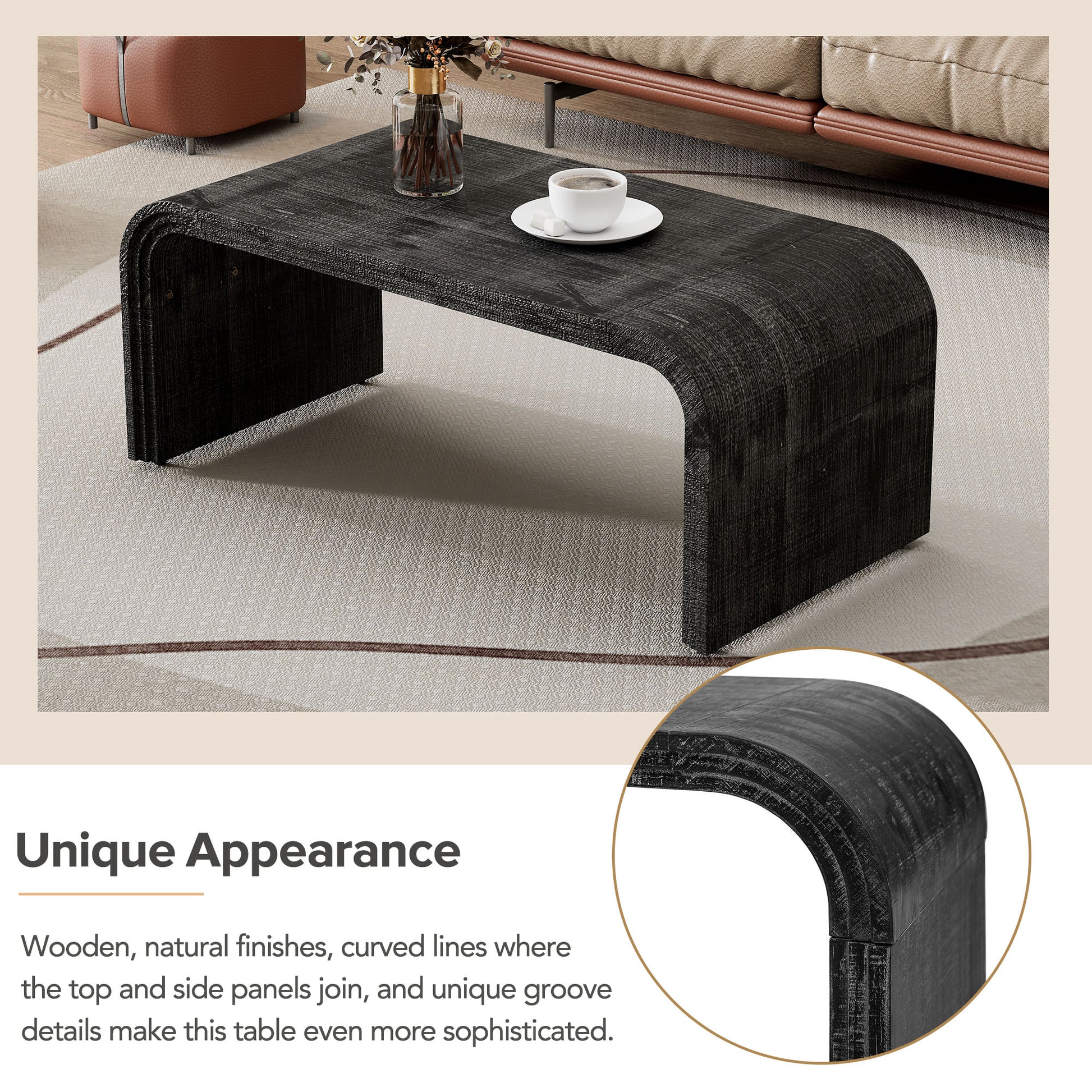 Dark wood waterfall coffee table with grooved details