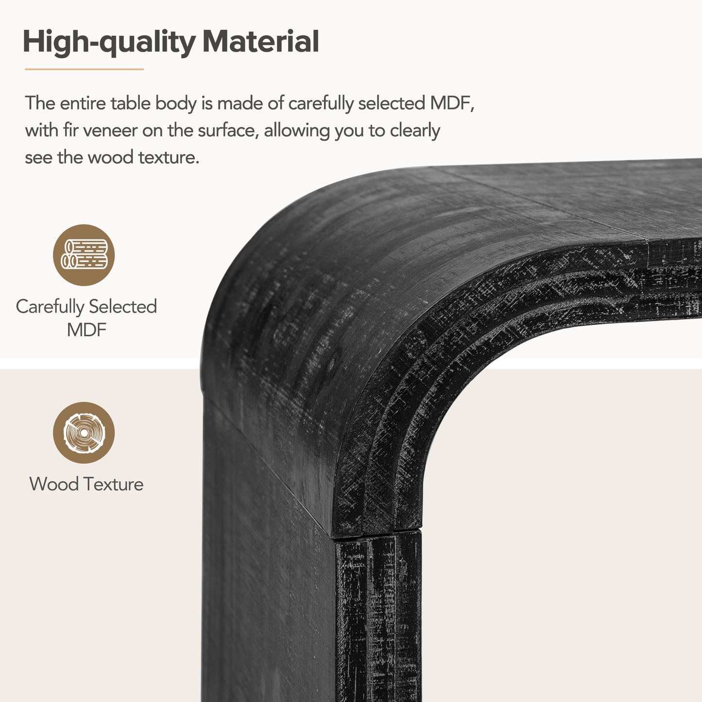 Closeup of black distressed wood veneer on MDF furniture edge