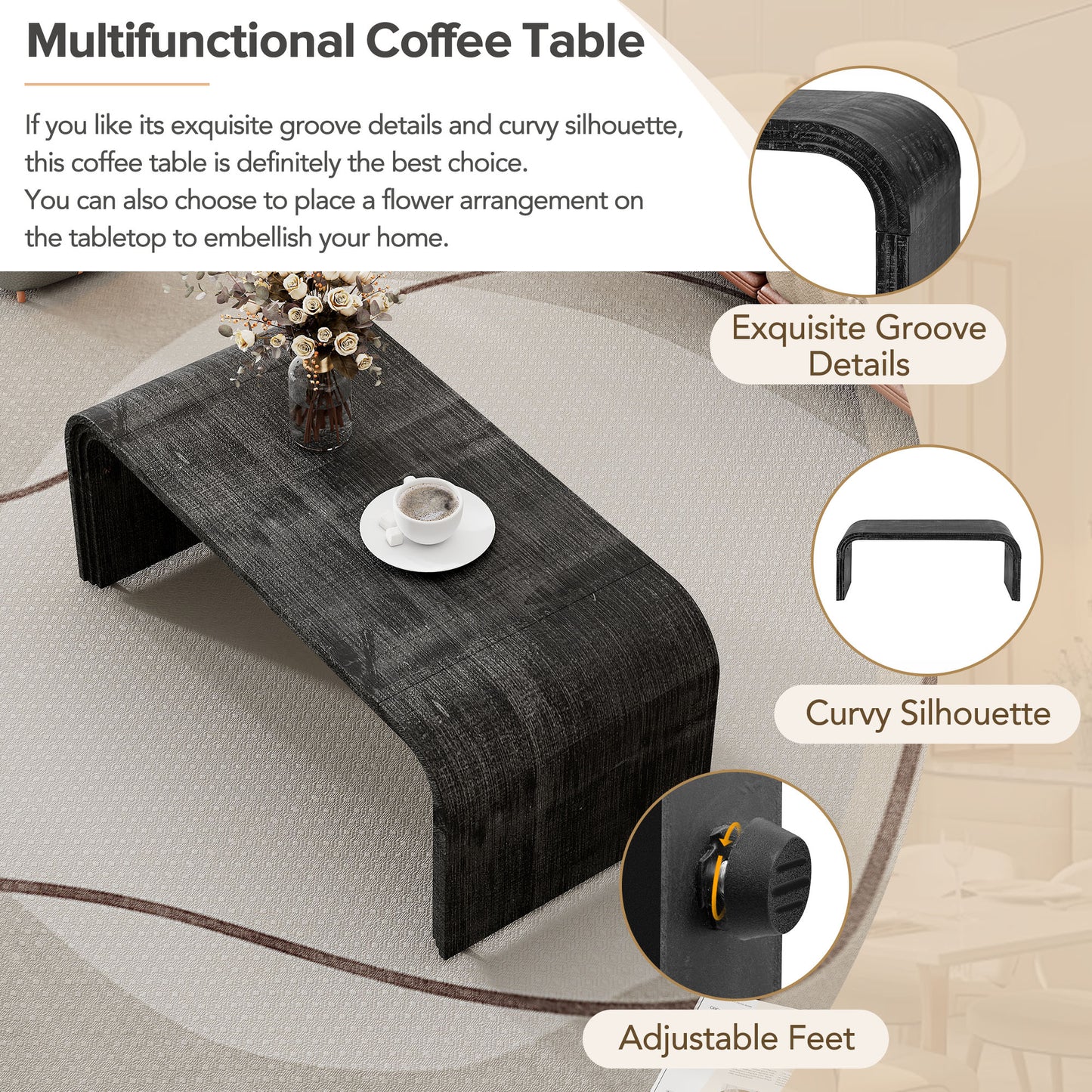 Dark gray curved coffee table with groove details and a cup of coffee
