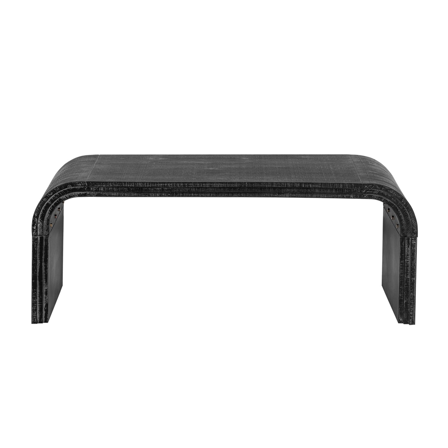 Black faux leather waterfall coffee table with curved legs
