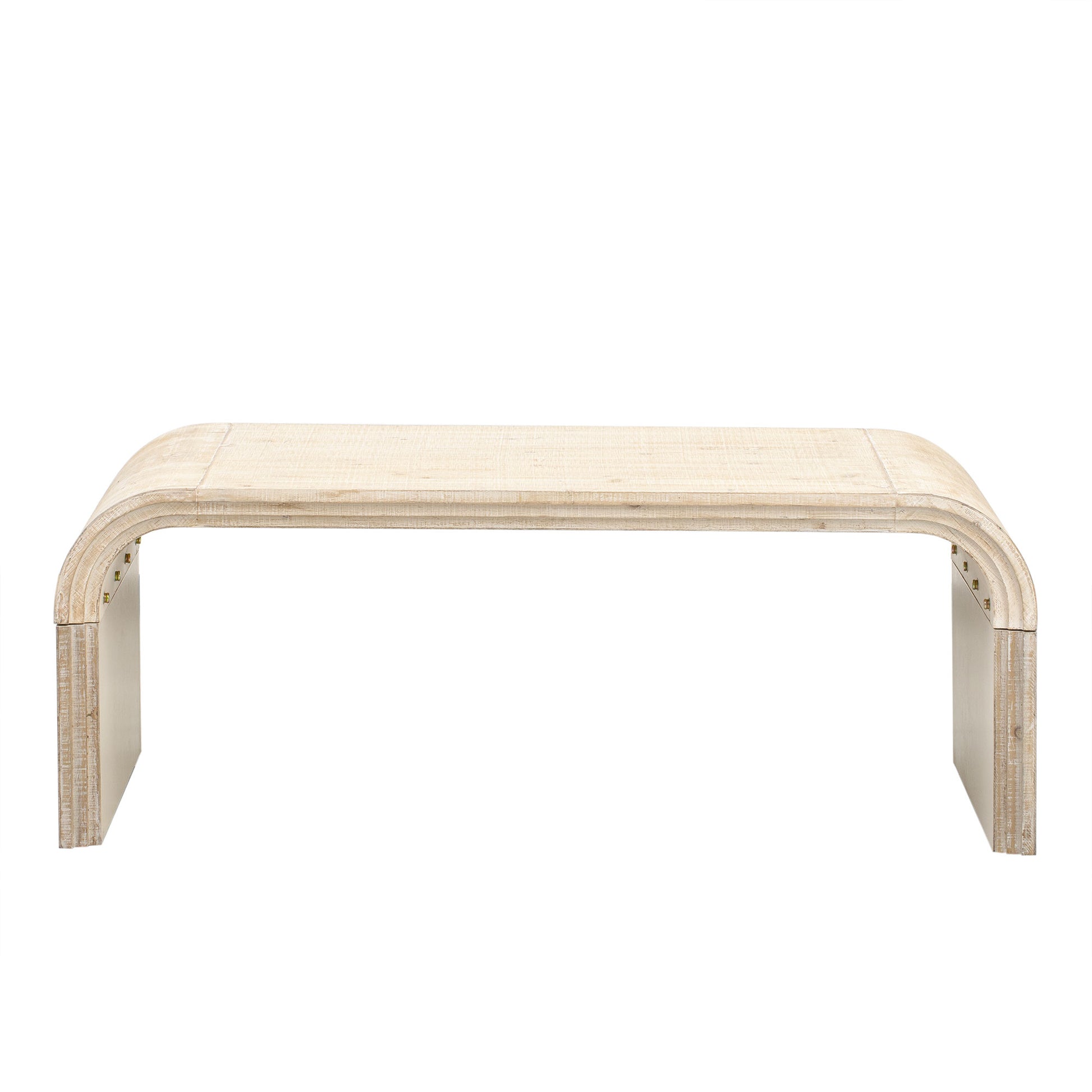 Light wood waterfall coffee table with curved edges and riveted details