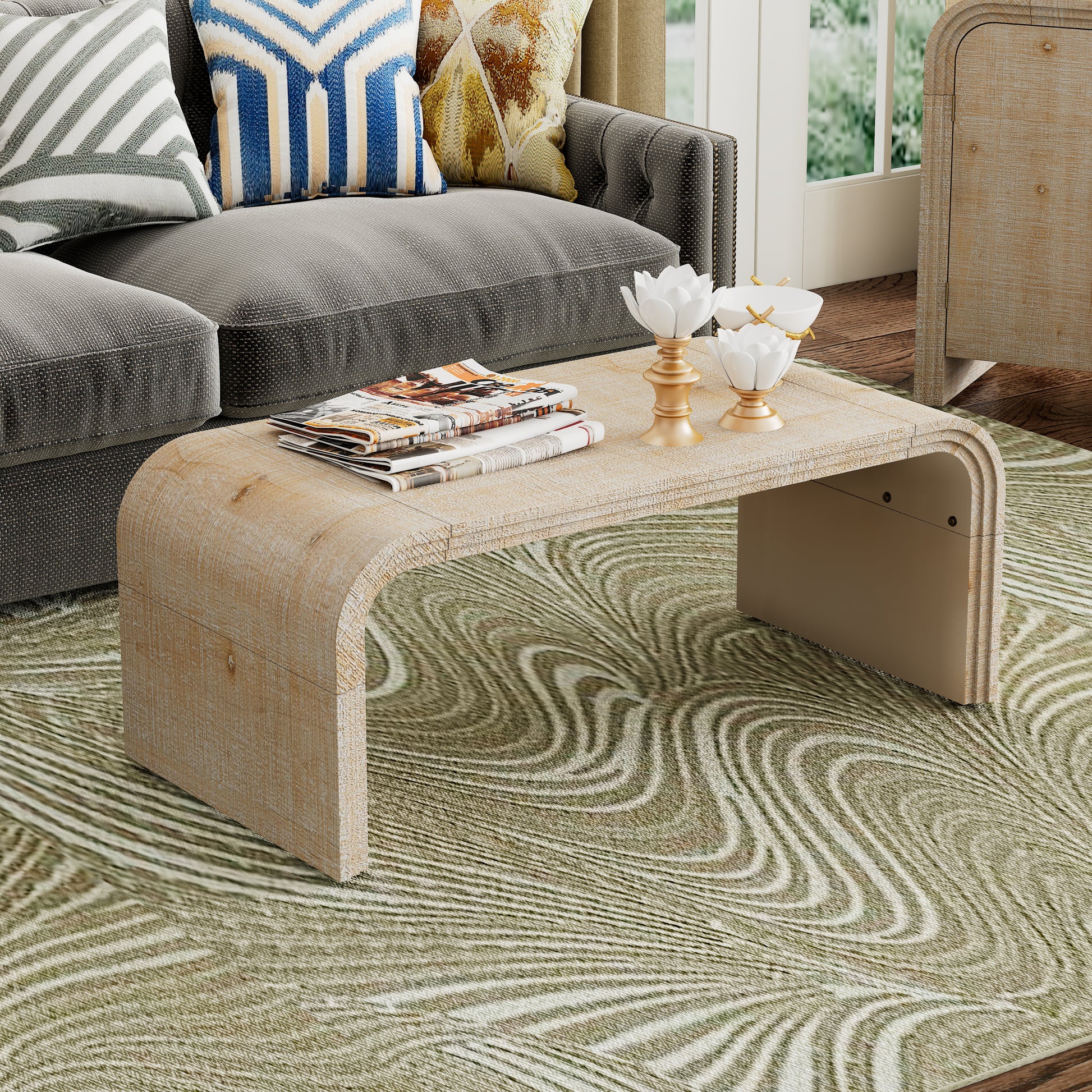 Waterfall coffee table in light wood finish with textured surface