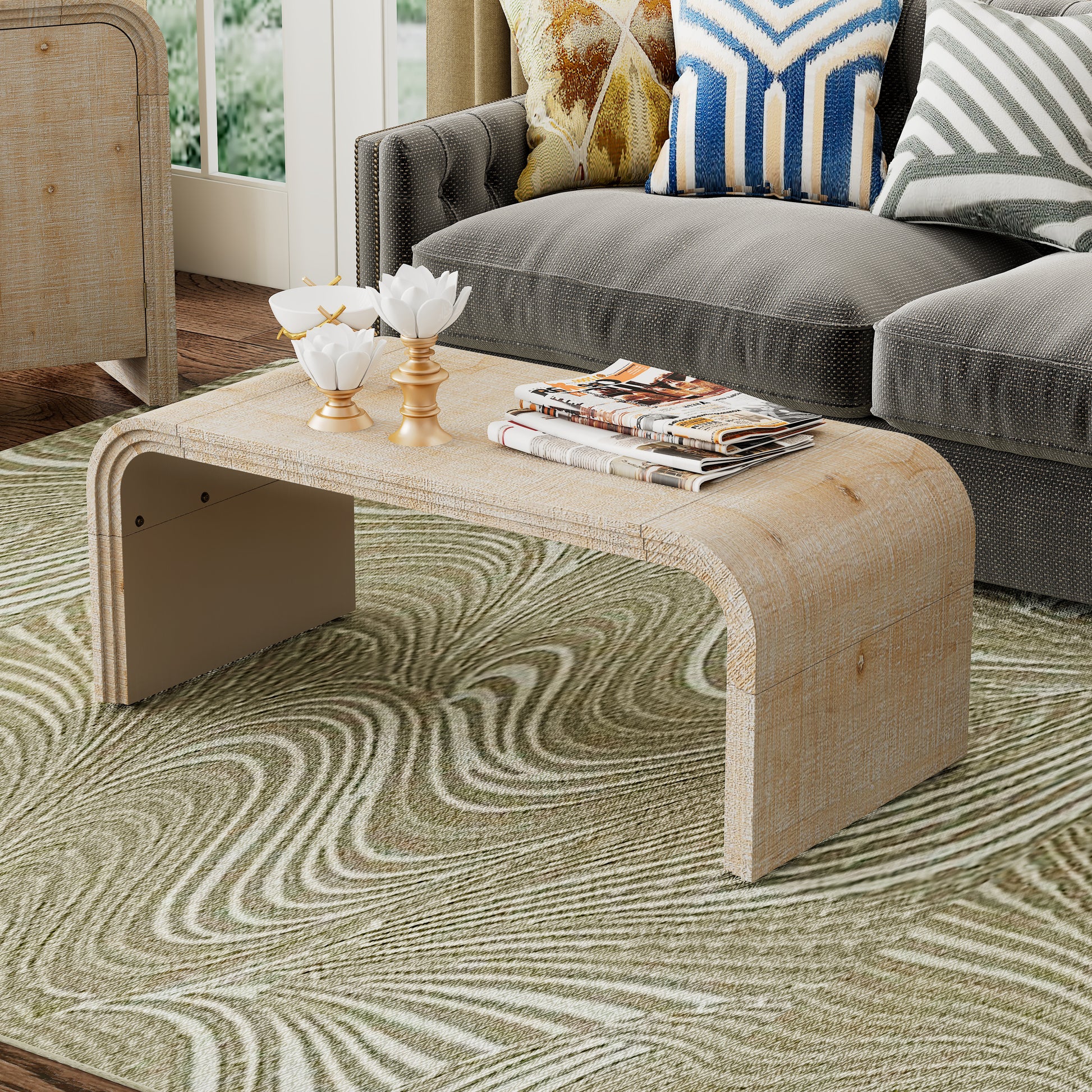 Light oak waterfall coffee table with magazines