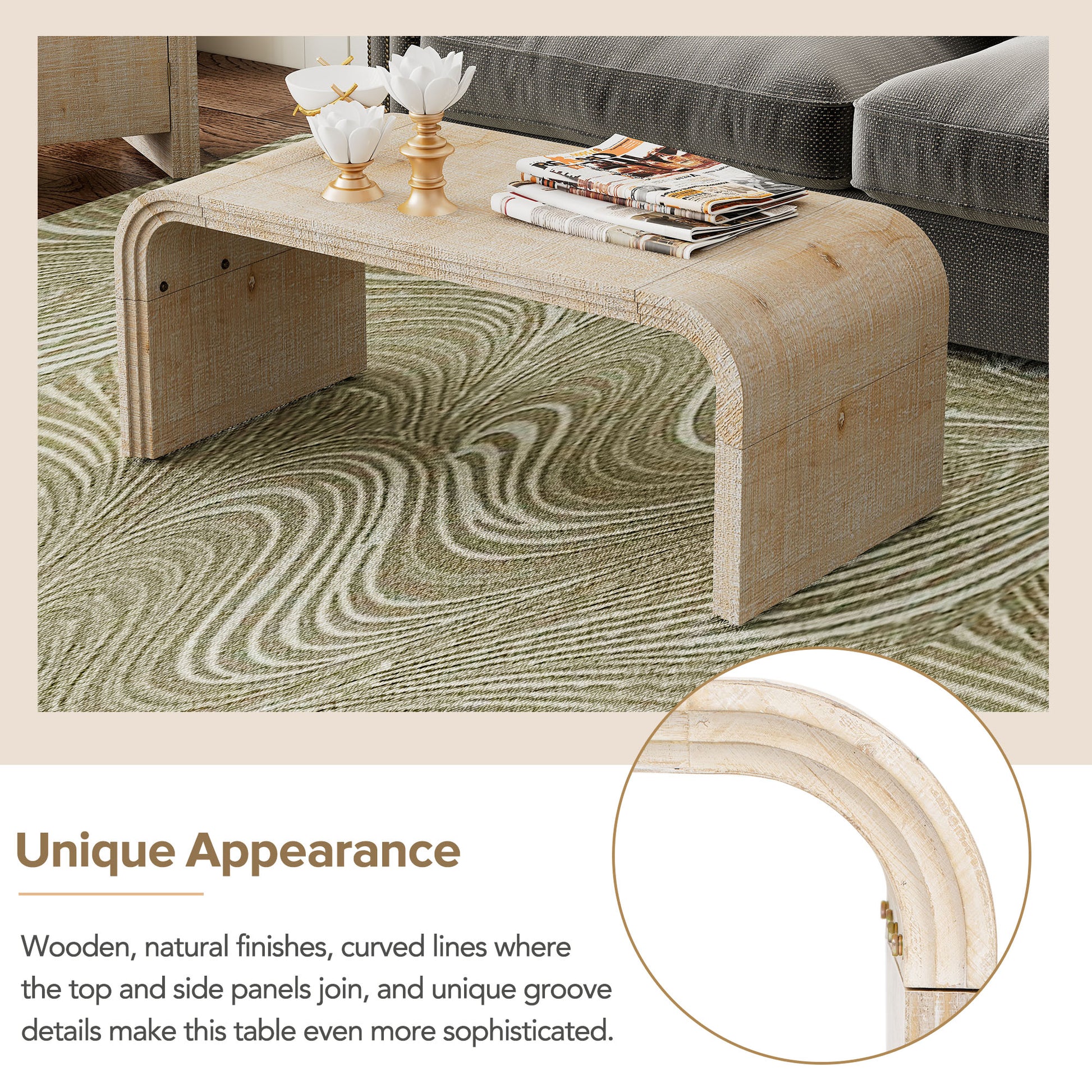 Unique waterfall coffee table with light wood finish and curved lines