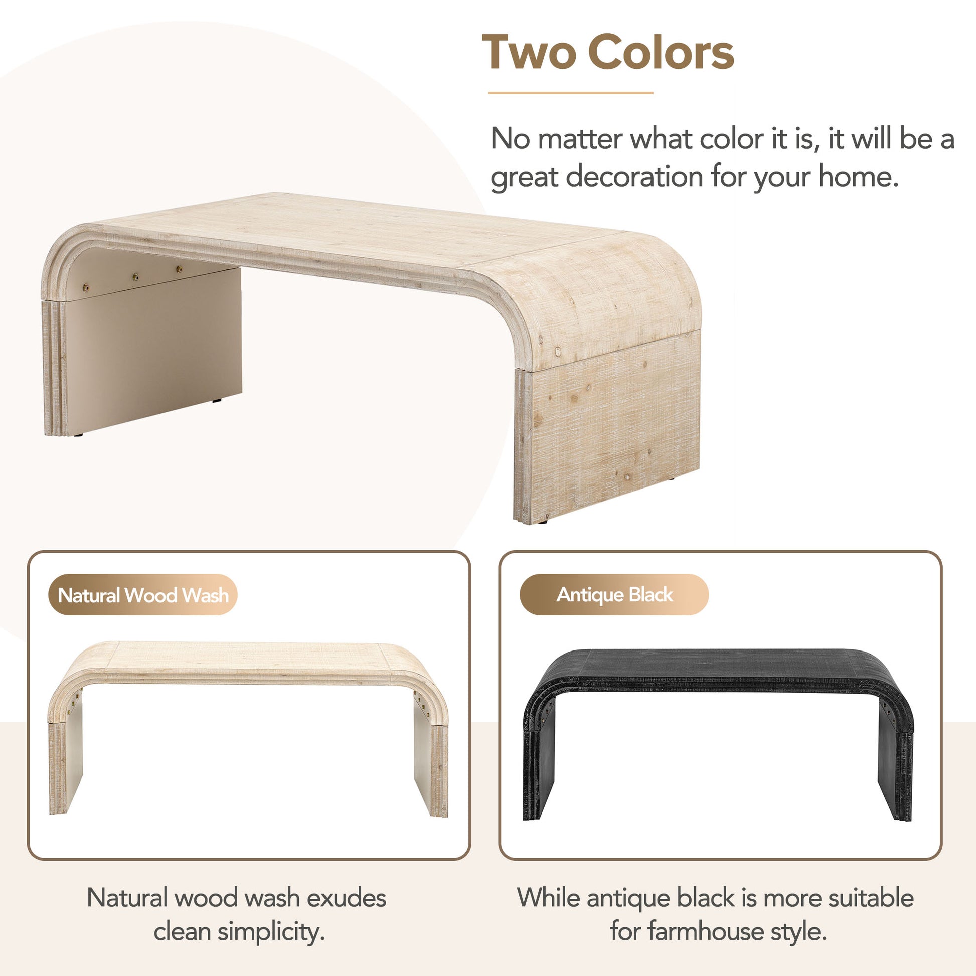 Curved wood coffee table in a light natural wood wash finish