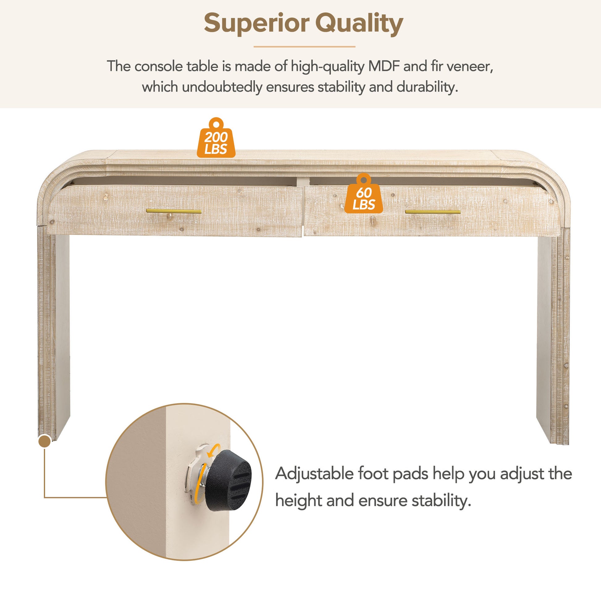 Light tan wooden console table with two drawers and gold handles  lbs capacity