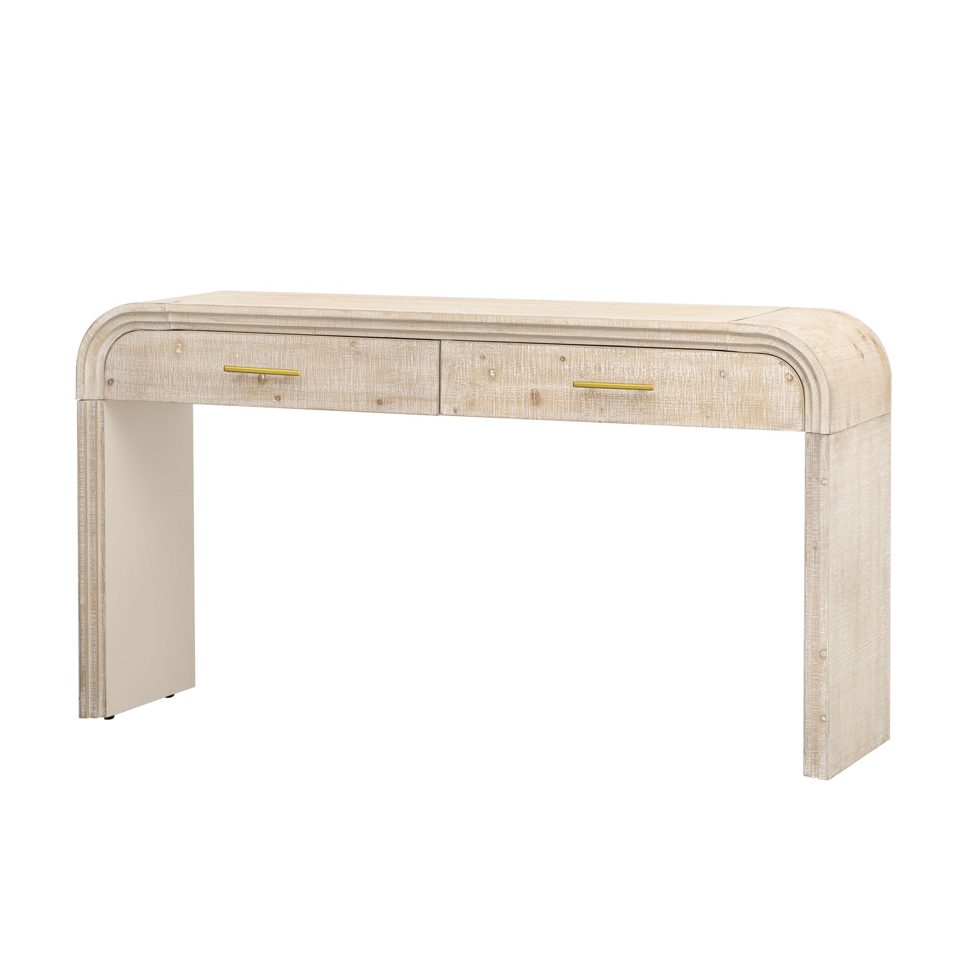 Whitewashed wood console table with two drawers and gold hardware