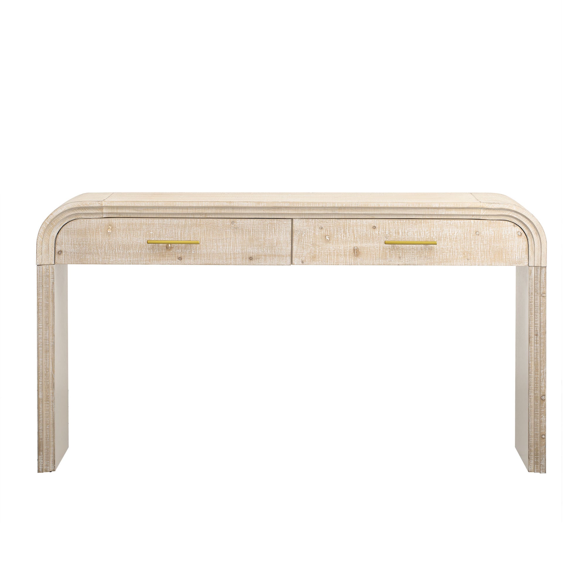 Light wood console table with two drawers and brass pulls