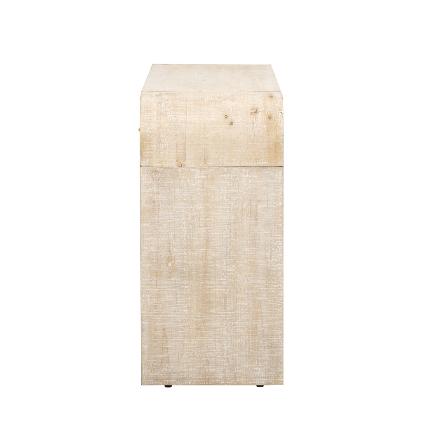 Distressed white washed wood nightstand with curved top