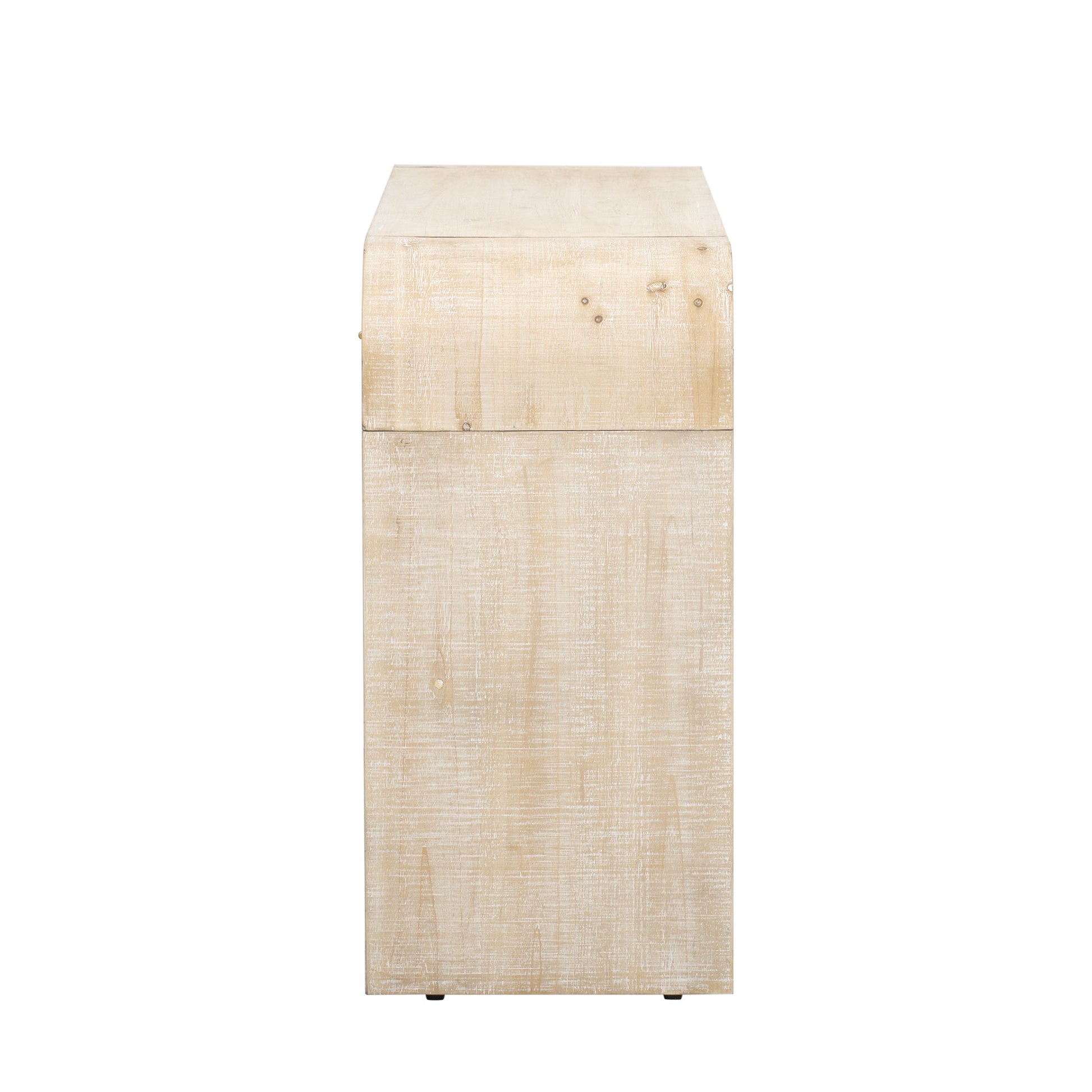 Distressed white washed wood nightstand with curved top