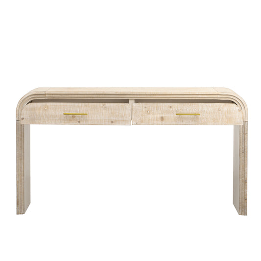 Light oak curved console table with two drawers and brass hardware for entryway decor