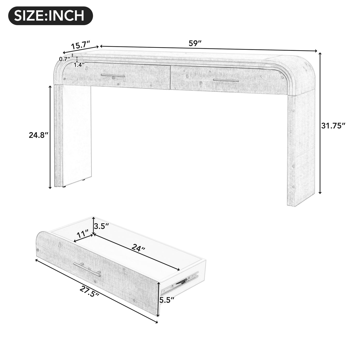 Line drawing of a narrow console table with two drawers and its dimensions