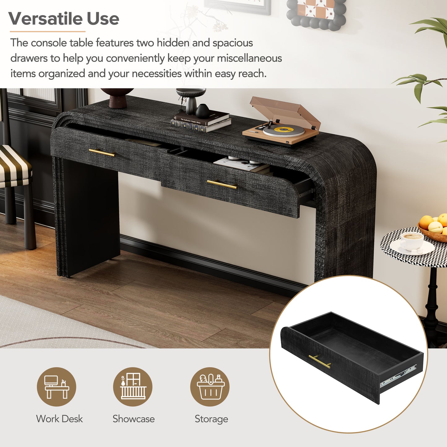 Dark wood console table with gold pull drawer open featuring decorative texture