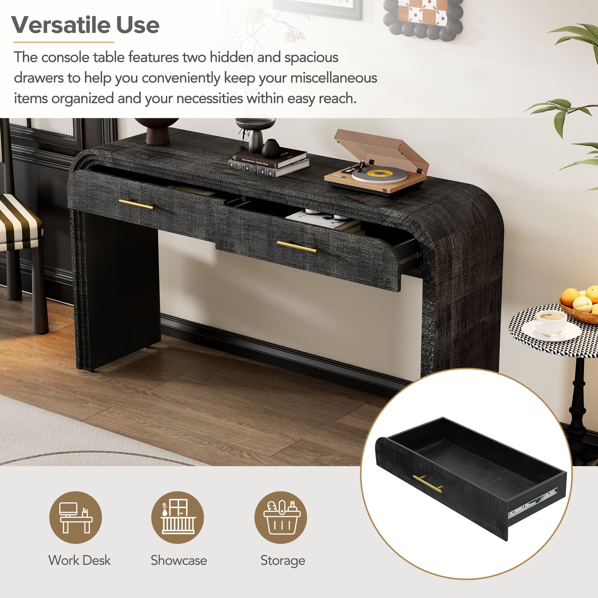 Dark wood console table with gold pull drawer open featuring decorative texture
