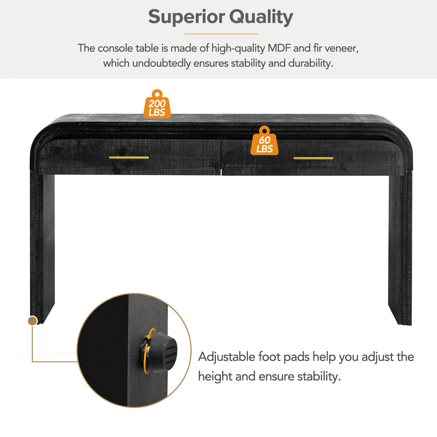 Black distressed console table with two drawers and gold pulls