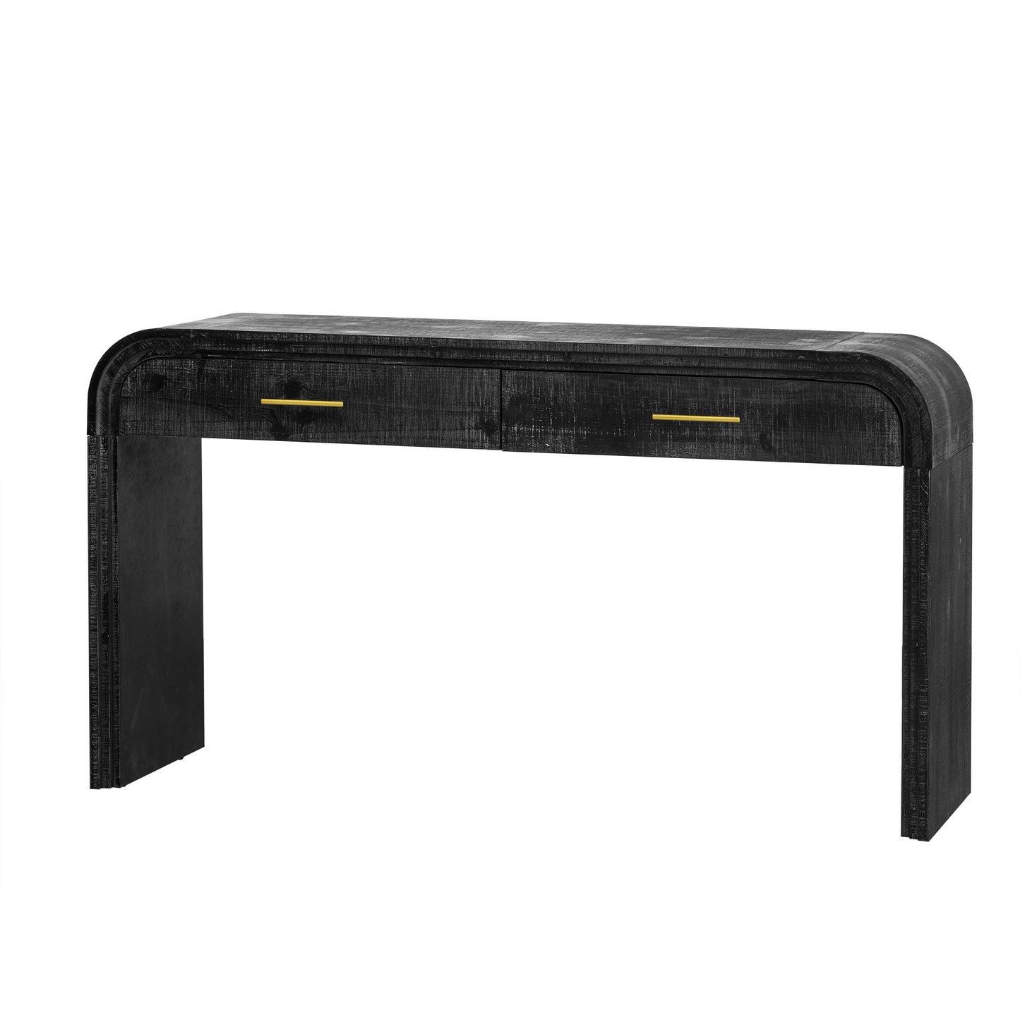Black distressed wood waterfall console table with gold drawer pulls