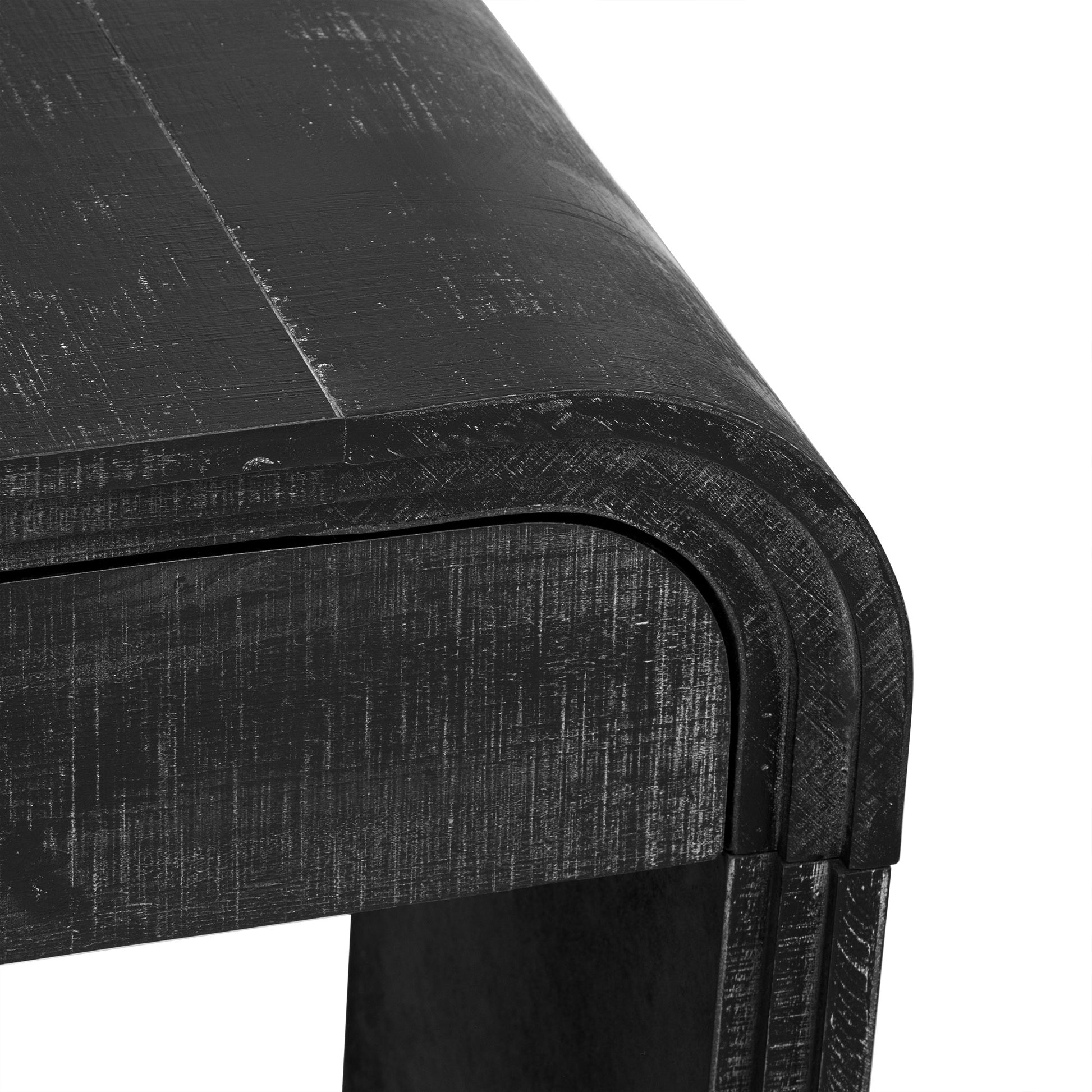 Distressed black wood console table with curved edges