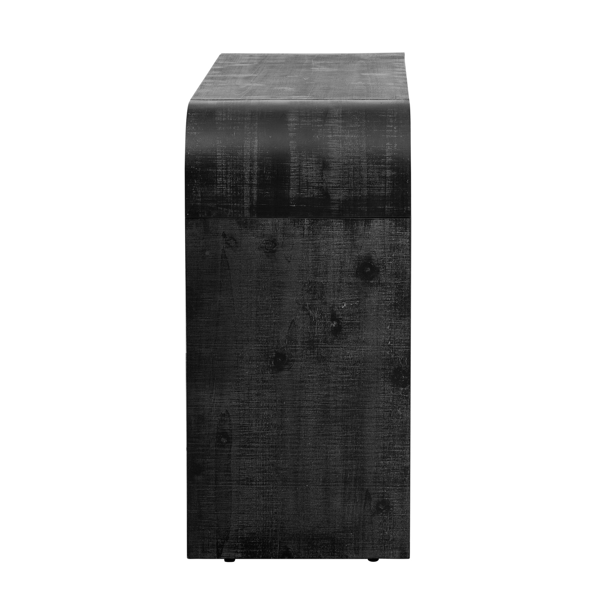 Black distressed wood accent cabinet with curved top