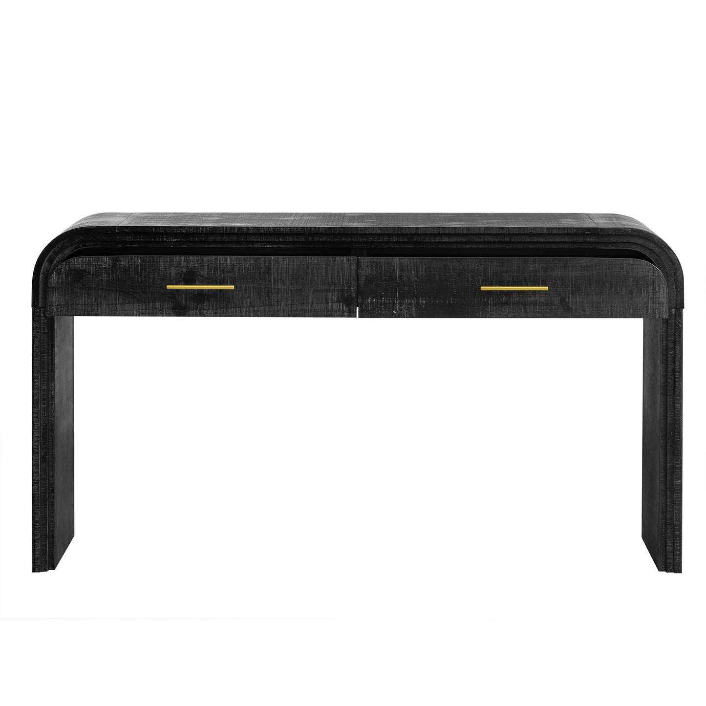 Black distressed wood console table with two drawers and gold handles