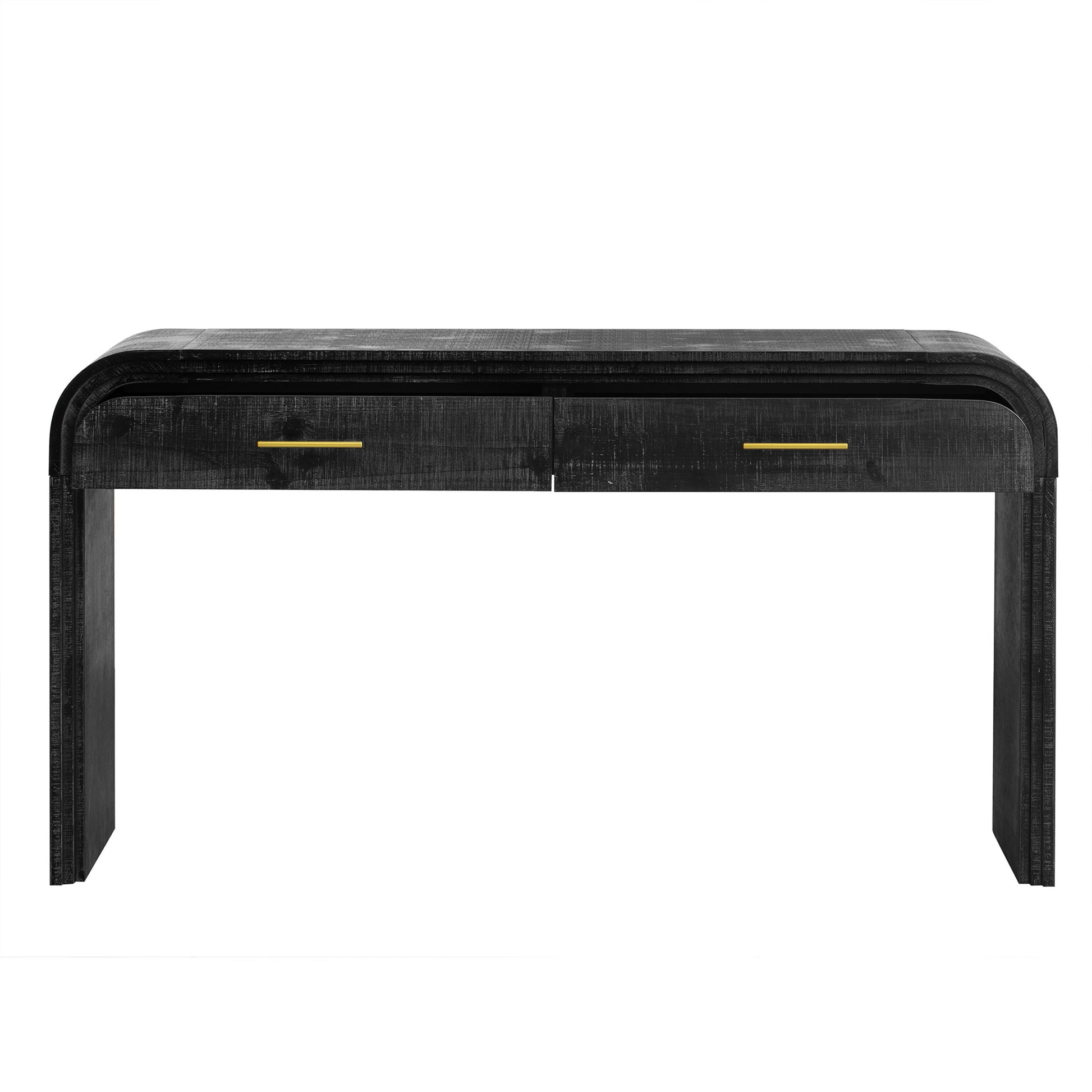 Black distressed wood console table with two drawers and gold handles