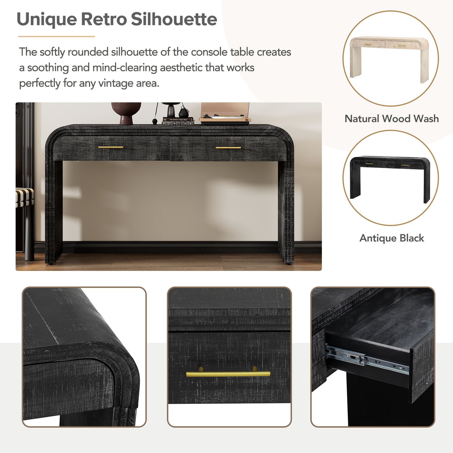 Antique black console table with curved edges and two drawers featuring gold hardware
