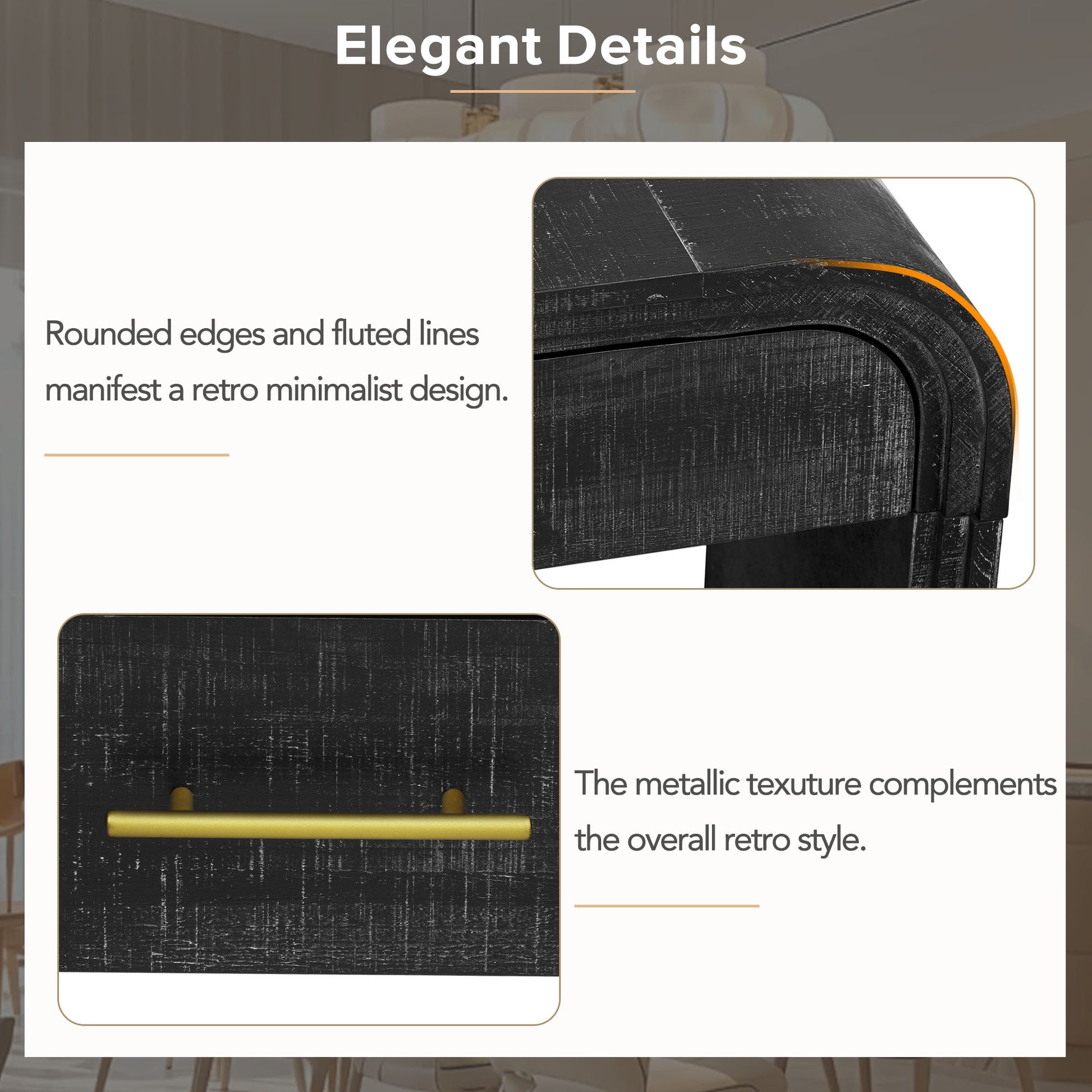 Black distressed wood nightstand with gold hardware detail