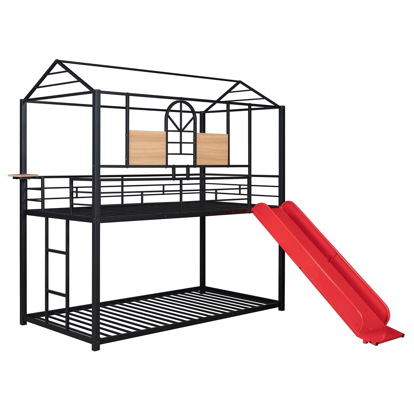 Black metal houseshaped bunk bed with red slide