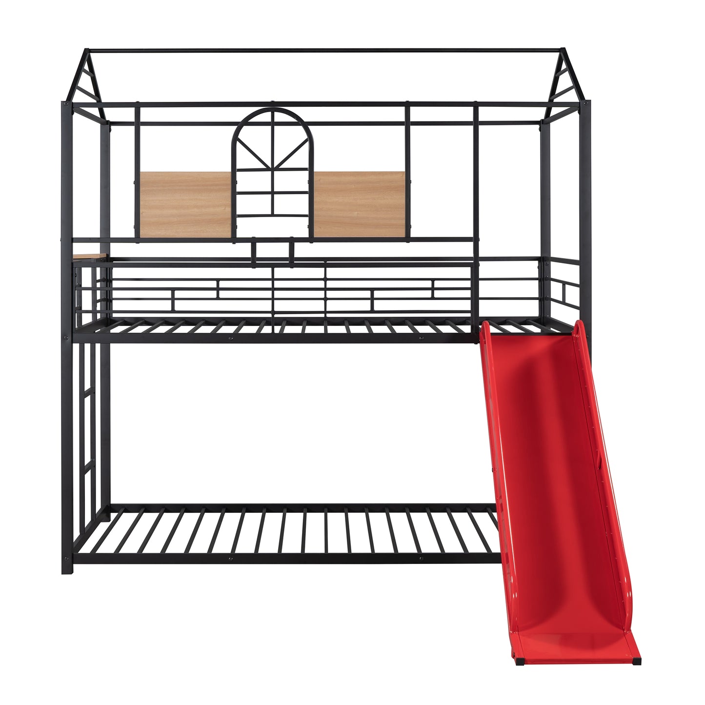 Black metal twin over twin bunk bed with house frame and red slide